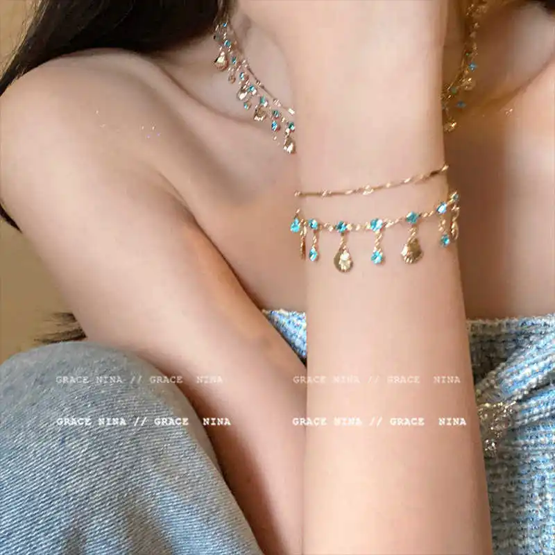 

Blue Rhinestone Shell Bracelet & Necklace For Women Vacation-style Clavicle Chain Trendy Jewelry Accessories