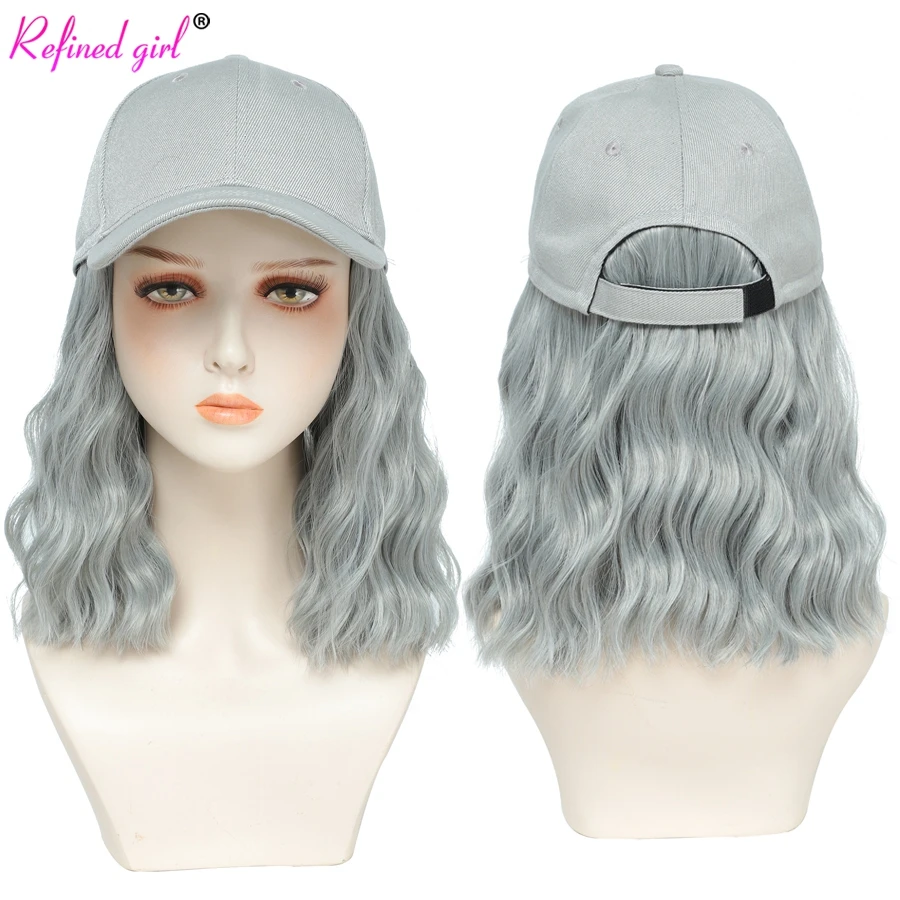 Bob Wig Baseball Cap with Short Wavy Hair Extension Attached for Women Adjustable White Black Synthetic Heat Resistant Fiber Wig