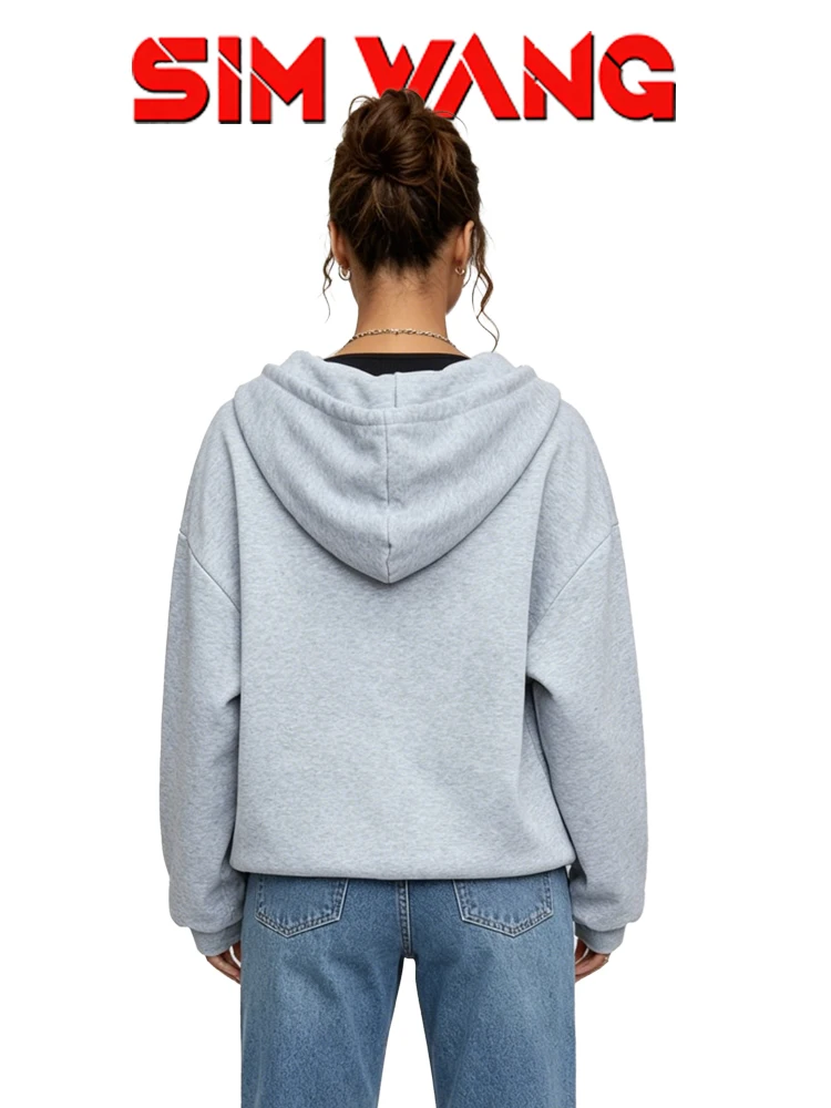 Gray basic style Full-Zip Hoodie with Adjustable Drawstring for Loose Fit, Suitable for All Occasions and Long Sleeves