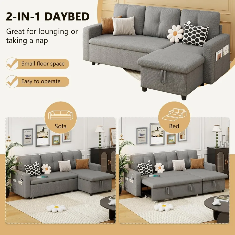 Ranjang Sofa berbentuk L dengan Tempat Tidur Sofa & USB, tempat tidur Sofa ditarik keluar & ruang penyimpanan, 3 kursi kain dapat dikonversi