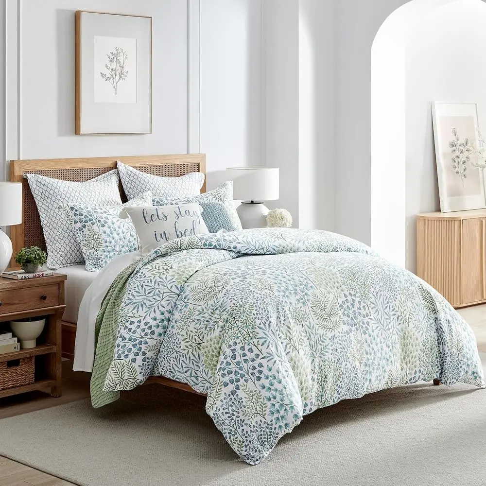 English orest Green Reversible King Duvet Cover Set (106x94in) with 2 Pillowcases (36x20in) - loral Bedding - Blue, Green - Cott