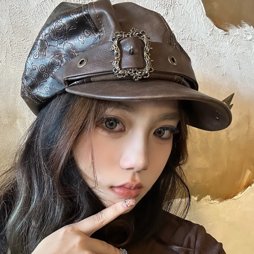 Y2K Steampunk PU Leather Military Hat Punk Retro Old Rivet Casquette Cap Peaked Octagonal Caps for Men Women Gorras Para Mujer