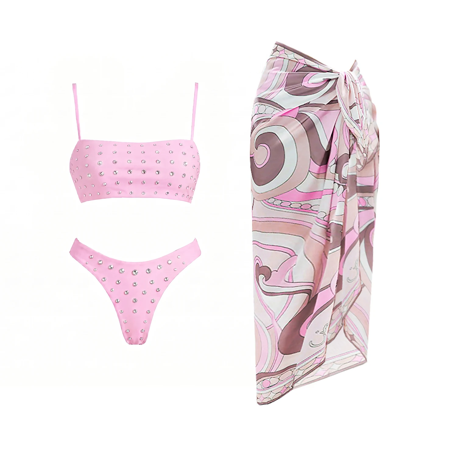 3Pcs Diamond Bikini With Cover Up Sexy Women Swimsuit Swimwear Female Bandeau Biquini Pink Print Swim Suit Beachwear Bathingsuit