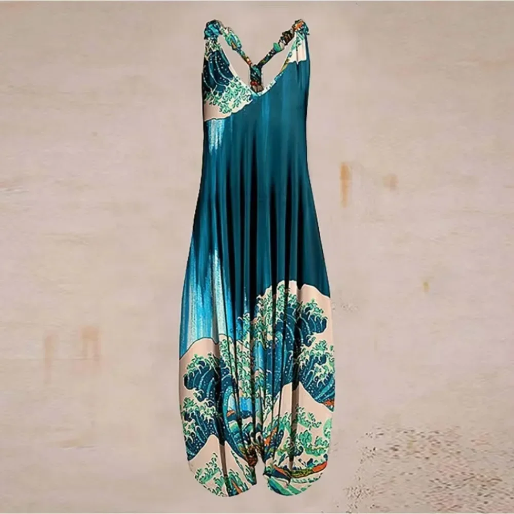 Women Printed Cotton Bib Overalls Sleeveless Loose Fit Adjustable Straps Breathable Comfy Streetwear Ladies Jumpsuit