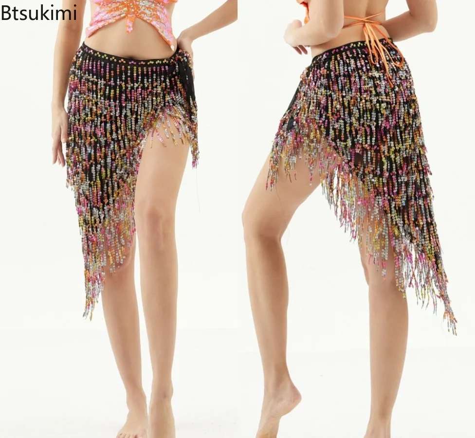 Triangolo Paillettes Gonna di danza del ventre Danza del ventre Lunga Nappa Sciarpa sui fianchi Abiti da festival Accessori per abbigliamento da ballo per donna Cintura da ballo