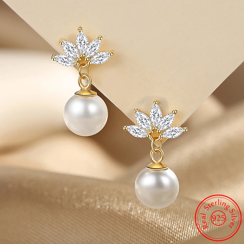 

Solid 925 Sterling Silver Jewelry New Pincess Cute Crystal Pearl Stud Earrings For Women Fashion XY0589