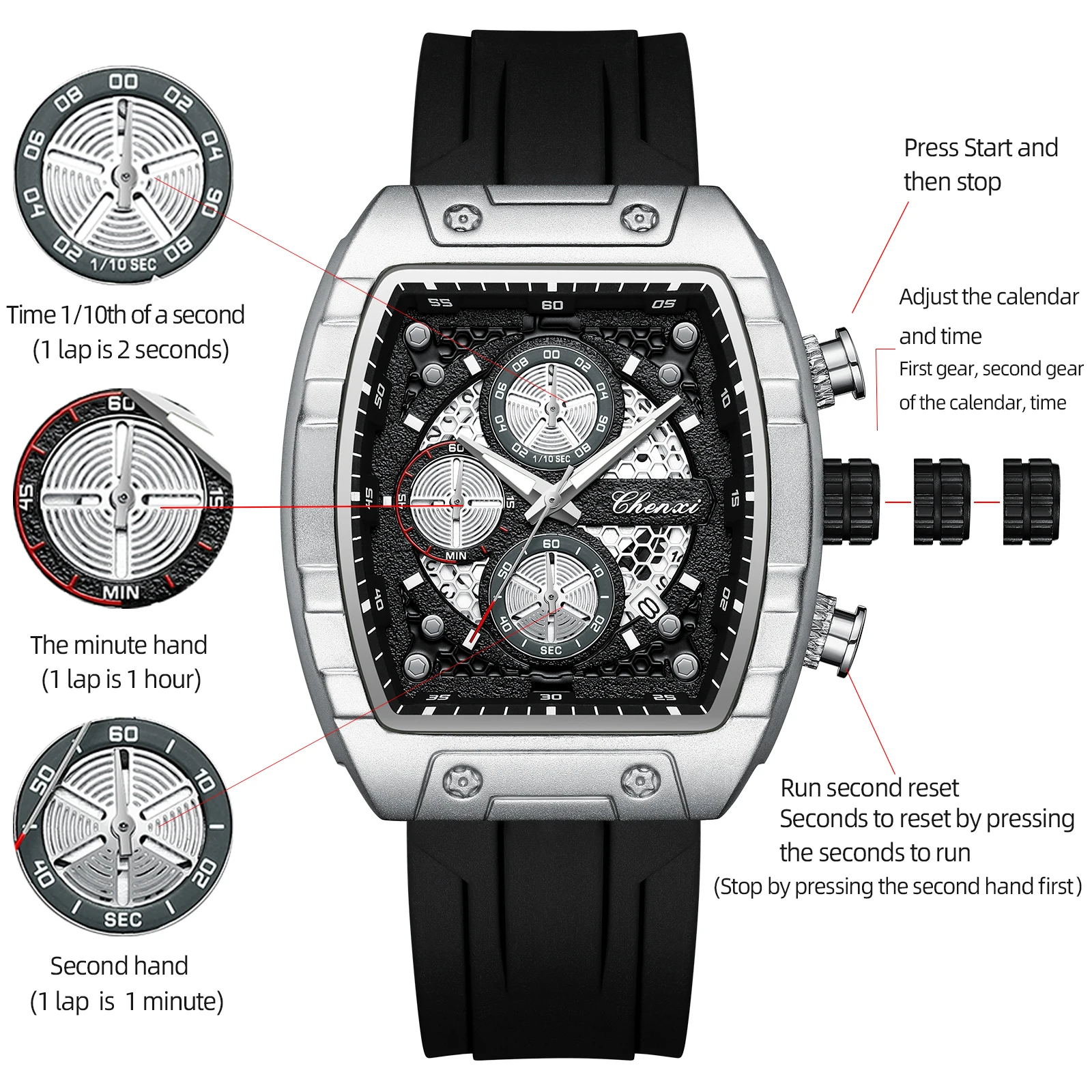 CHENXI 941 Sports Fashion Quartz Watches for Man Multifunction Chronograph Luminous Waterproof Calendar Casual Men's Wristwatch