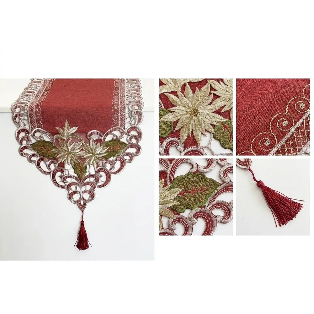 Embroidered Christmas Table Scarf with Hollow Edge Design and Hanging Tassel for Holiday Dining Table Decoration