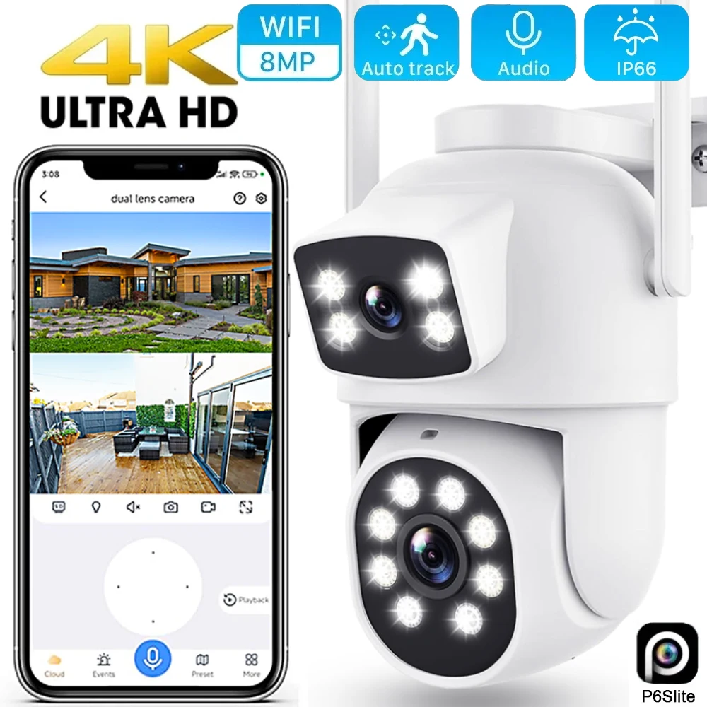 

4K 8MP WiFi IP Camera Outdoor 4X Zoom Three Lens Dual Screens 6MP CCTV Video Cam Auto Tracking Security Protection Surveillance