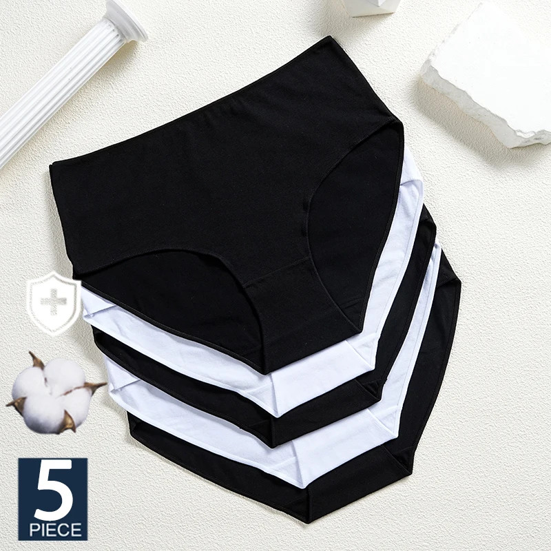 FINETOO 5Pcs Cotton Panties Women High Waist Briefs Seamless Underwear Breathable Underpants Solid Color Panty S-2XL Intimates