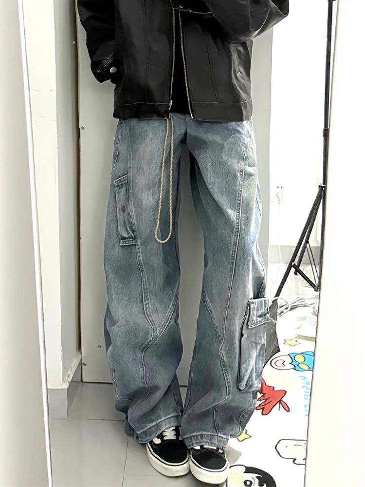 

American Sle Loose Wide Leg Multi ket Workwear Jeans Men's Autumn Silhouette Splicing Knife Pants Vibe Straight Leg Pants