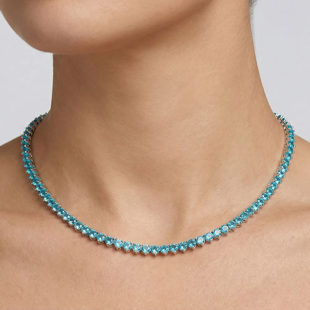 

YLMyself Tennis Necklace 3mm Paraiba Zircon 3 Prong Brass Rhodium Plated Sparkling Women Jewelry Gift 16/18 Inch