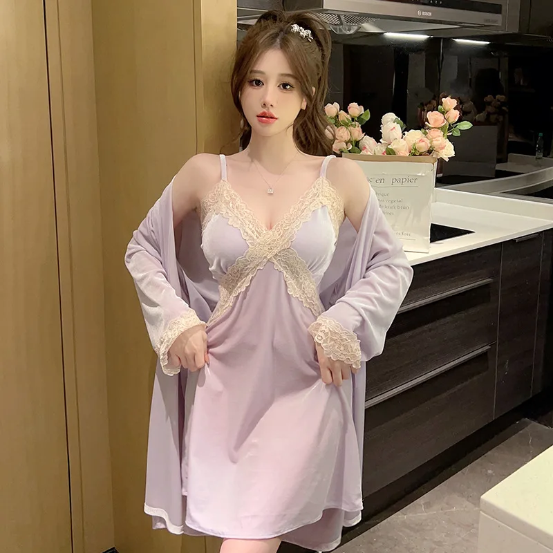 3Pcs Sexy Camisole Pink Lace Woman Satin Winter Robe Sets Nightdress Night Dresses Robe Lounge Women Pijama Sleepwear Pajama