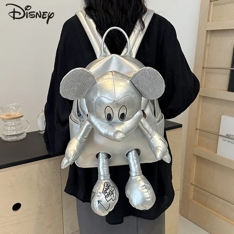 

Disney Mickey Casual Men and Women Leather Backpack College Style Cartoon Schoolbag Personalized Creative Solid Color Backpacks