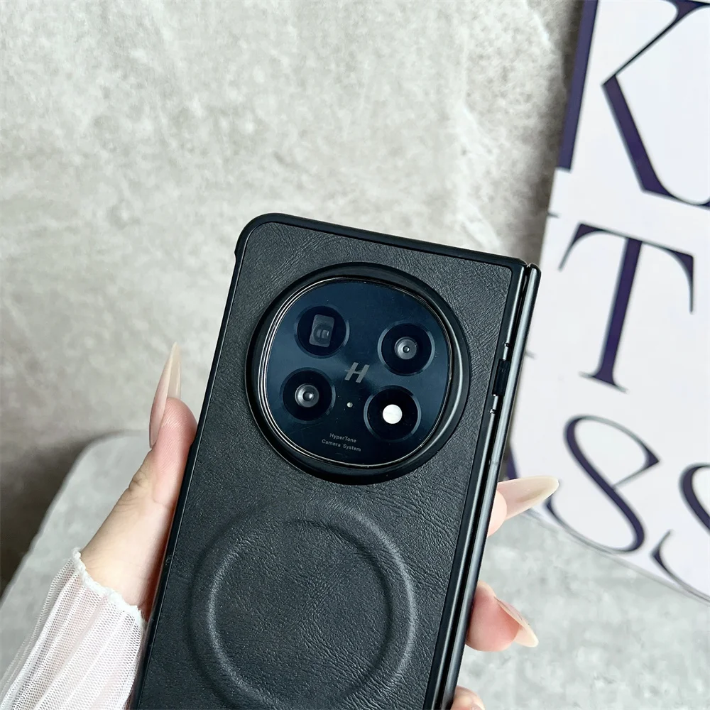 Busine Sle Bla Leather Pattern MagSafe Phone Case for OPPO Find N5 Screen Protector Film Hinge Magnetic Wireless Charging Cover