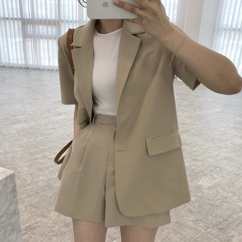 

Retro Chic Two-Button Loose Fit Suit Jaet with High Waist Casual Wide Leg Pants Faion Set for Young Women Cotton Blend