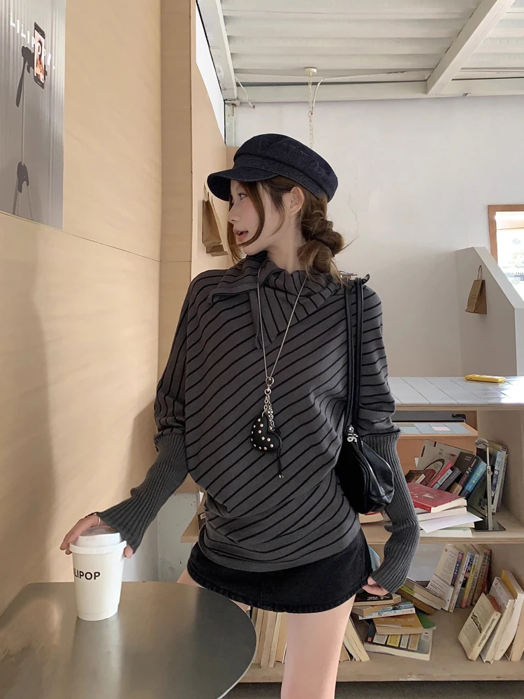 

Autumnal Striped Splice Long Sve Knitted Sweater Women's Faionable Unique Top Bat Wing Design Warm Thermal Fem Garment