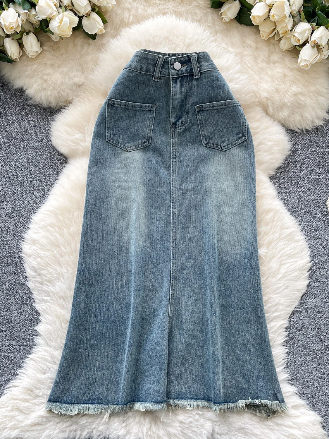 

Retro Sle Distred Denim Skirt for Women High-waisted A-line Long Skirt with Frayed Hem Ci Commute Korean Sle Skirt