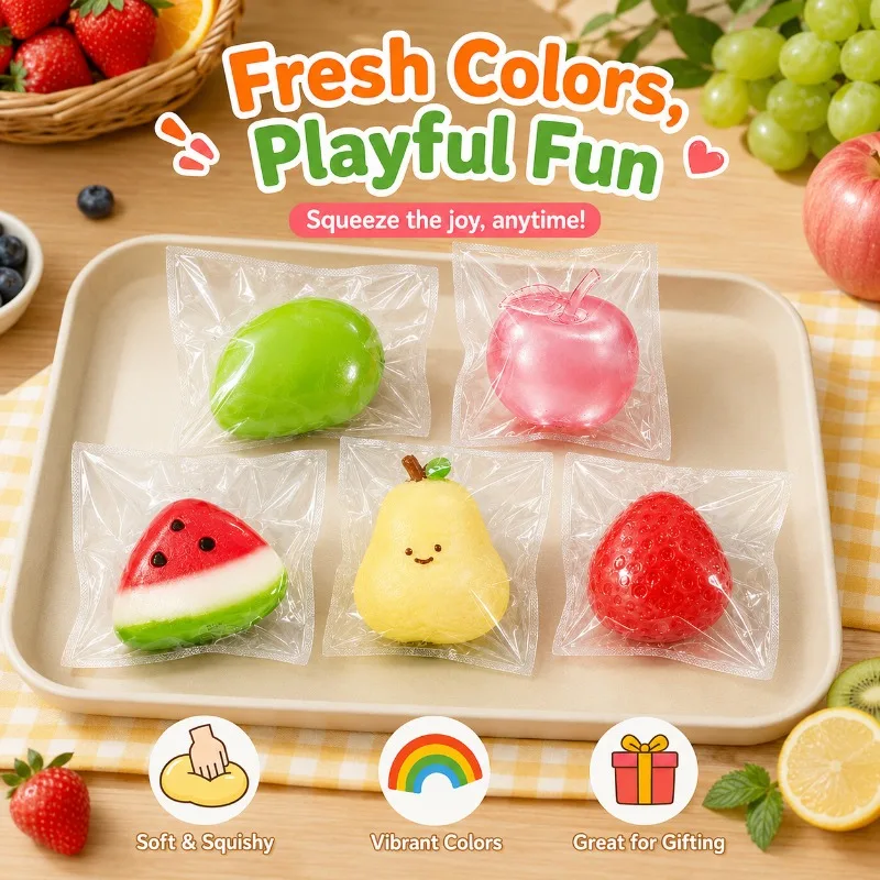 Novel slow‑rising squishy squeeze toy in random fruit shapes. Perfect collectible novelty item as holiday and party gift.