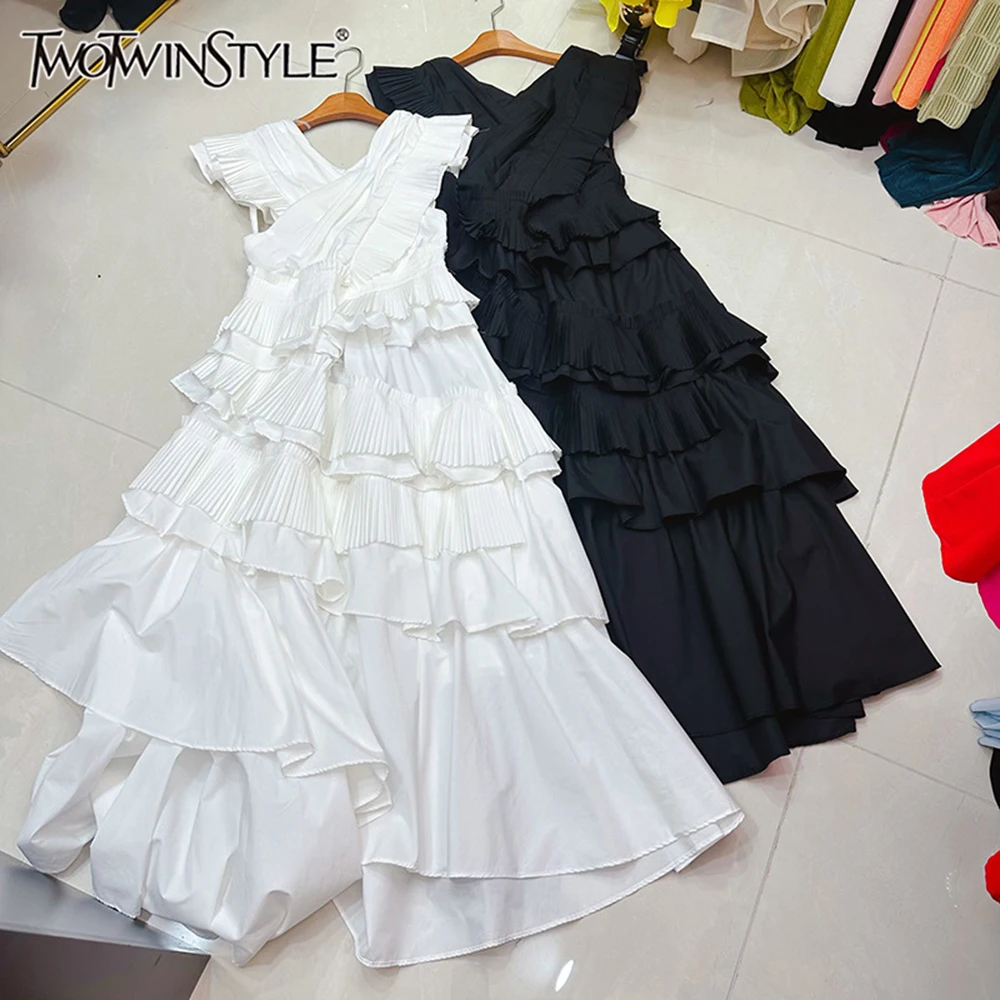 

TWOTWINSTYLE Temperament Solid Dresses For Women V Neck Sleeveless High Waist Casual Folds Long Dress Female Fashion KDR544559