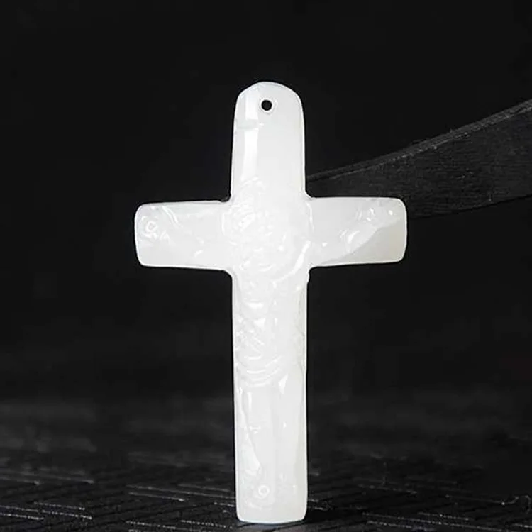 Natural Nephrite White Jade Cross Necklace Men Women Lucky Charm Amulet Genuine Chinese Hetian Jade Jesus Cross Pendant Necklace