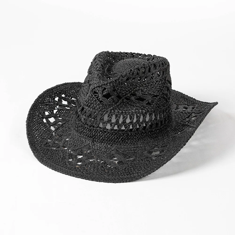 Chapeau de paille de cowboy orange tissé à la main pour hommes et femmes, chapeau de soleil d\'été creux, chapeau de paille de jazz, chapeau de