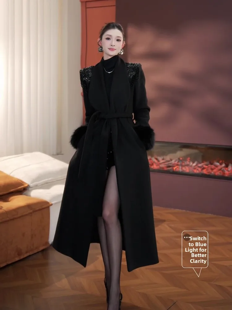 

Зимнее шерстяное пальто с тяжелой вышивкой и ромбовидным дизайном, высокая мода Хепберн Sle Thiened Long Sve, корейская версия