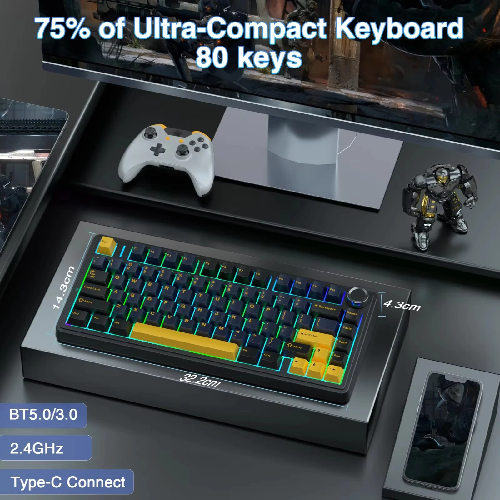 AULA F75 75% Wireless Mechanical Keyboard with Knob, Gasket Hot-Swap, Creamy Pre-lubed Linear, Tri-Mode BT/2.4G/USB-C, RGB