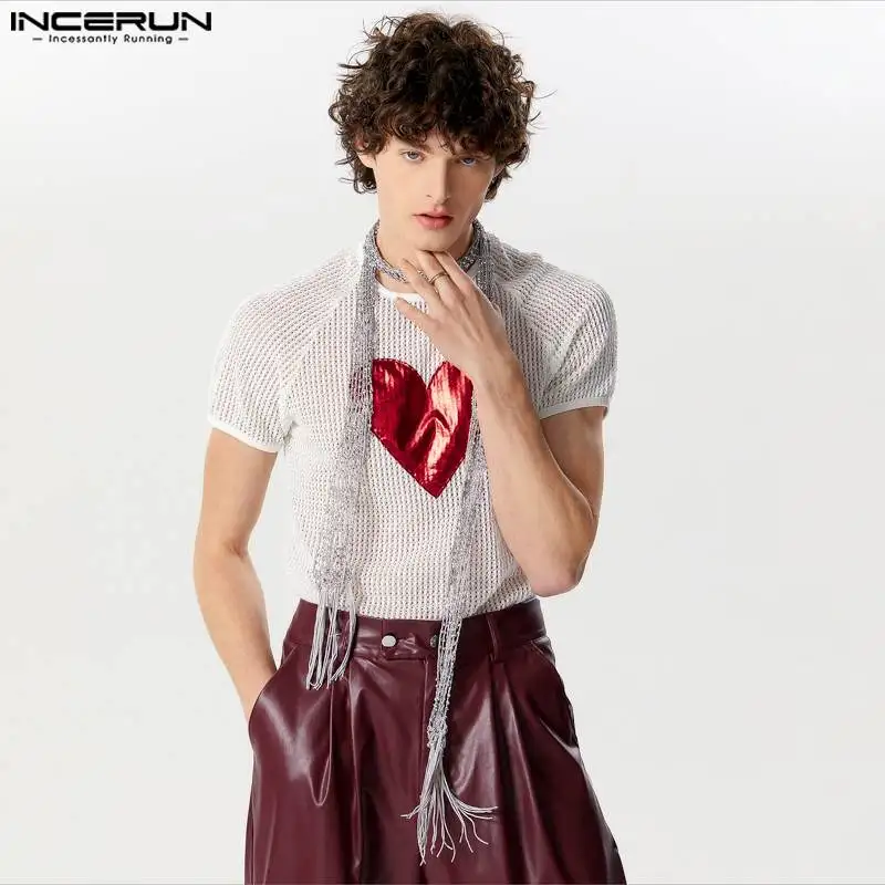 INCERUN Tops 2024 American Style Fashion New Men Hollow Heart Pattern Splicing Camiseta Personality Short Sleeved T-shirts S-5XL