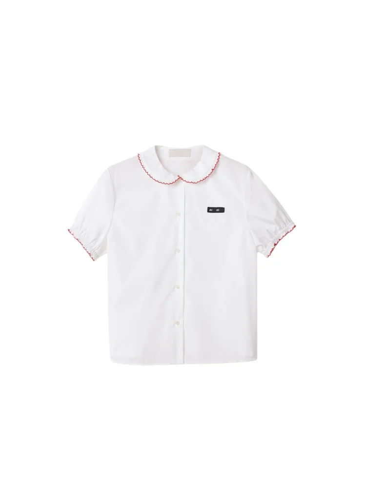 

Royalty High-End Summer 2026 Women's Short-Sleeve Shirt Doll Collar Logo Embellished Silk Feel Cotton 100% Loose Fit College ...