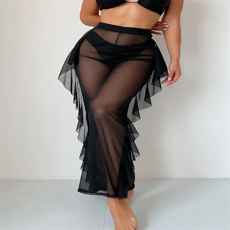 

Beach Dress Sexy Semi Transparent Mesh Pants Lotus Leaf Edge Length Yarn Pants Beach Pants Women Pareo Women Beach