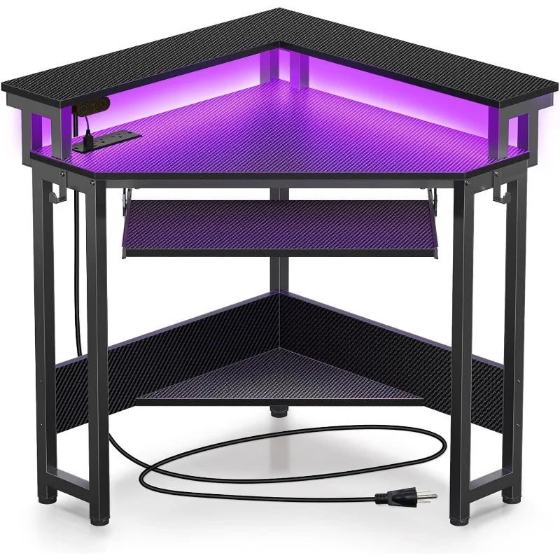 Corner Desks, 44.5"W x 34.5"H Small Computer Desk with Power Outlets & LED Lights, Triangle corner computer desk