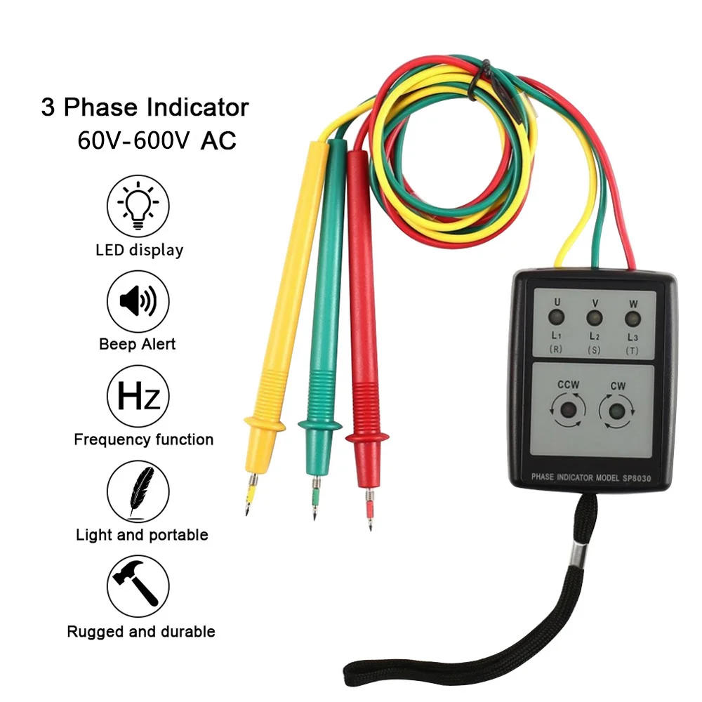 

SP8030 3 Phase Rotation Tester Digital Phase Indicator Detector LED Buzzer Phase Sequence Meter Voltage Tester 60V-600V AC