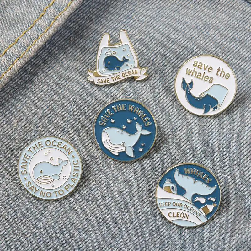 Save the Ocean Enamel Pins Stop Plastic! Brooch Humpback Whale Tail On the Sea Lapel Pin Badges Whale Jewelry