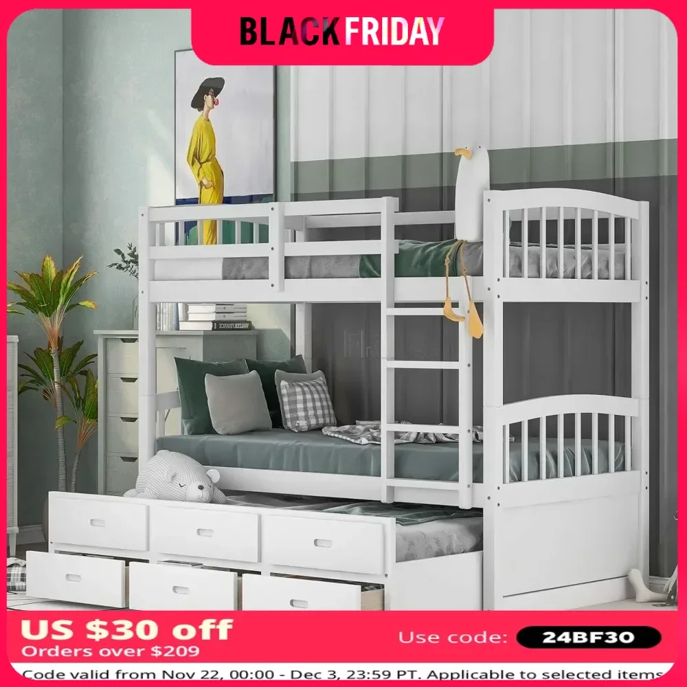 Bunk Bed, with Safety Rail, Ladder, White Twin Trundle Bed with 3 Drawers for Kids, Teens Bedroom, Guest Room Furniture