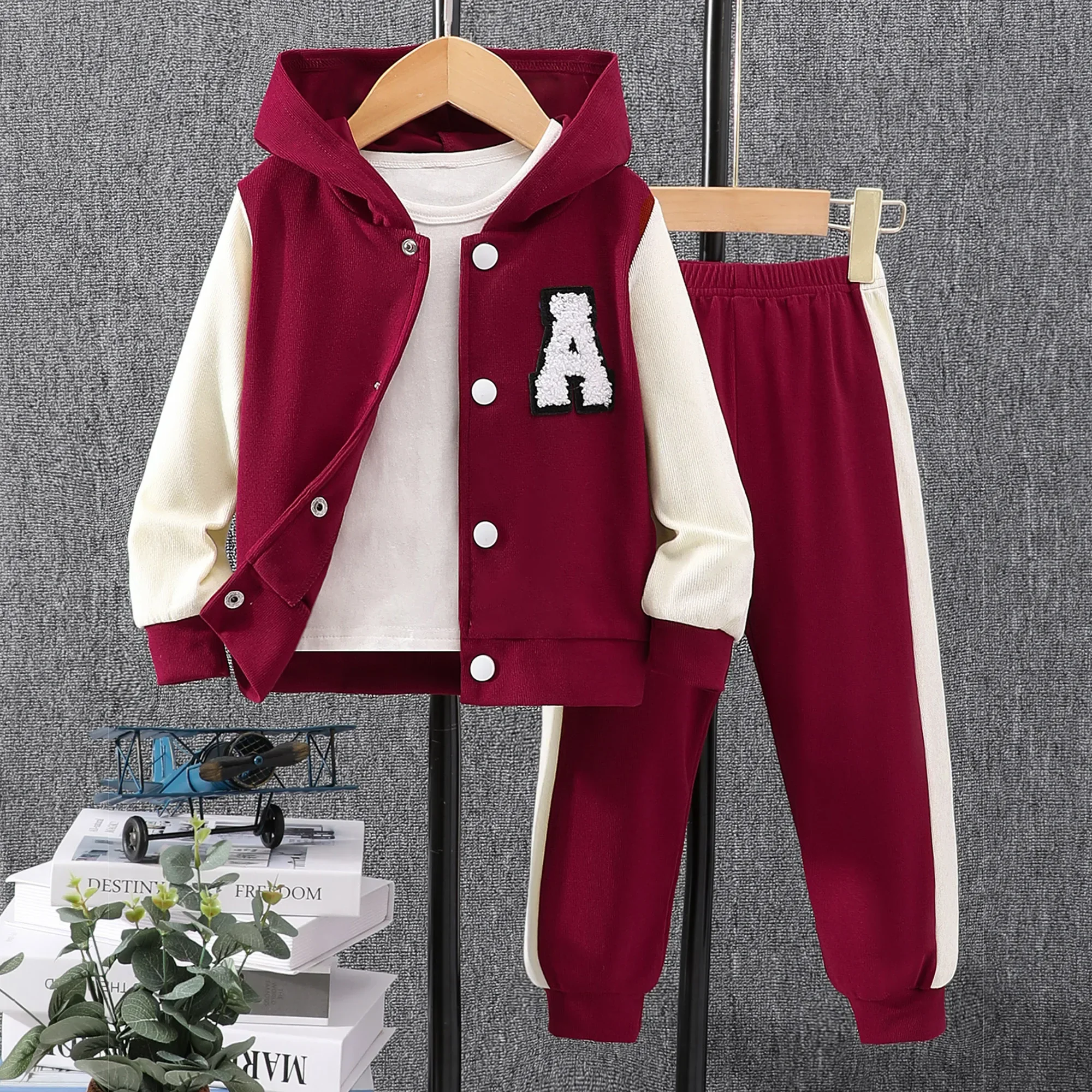 Children\'s Clothing Set 2024 Spring Girl 2-8yrs Long Sleeve Hooded Plaid Boy Suit Winter Overcoat 2 Pcs Children Suit