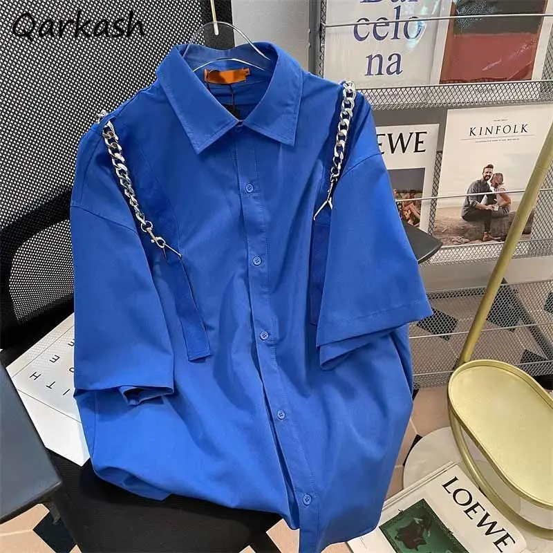 

Blue Shirts Women Clothing Cool Chain Baggy Summer Unisex All-match Aesthetic Japan Style Tender Fashion 2023 Streetwear Daily