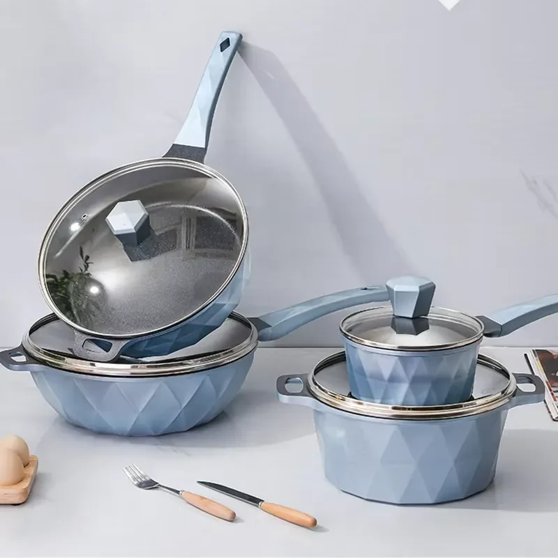 Aluminum Cookware Set 4pcs Nonstick Blue Saucepan Soup Pot Frypan Wok with Heat-Resistant Handles Induction for Kitchen