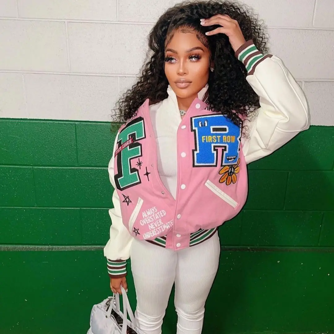 

Varsity Letter Baseball Coat Oversized Jackets Women 2022 Fall Winter Fashion Clothes Y2K Streetwear Casual Print Pink Jacket