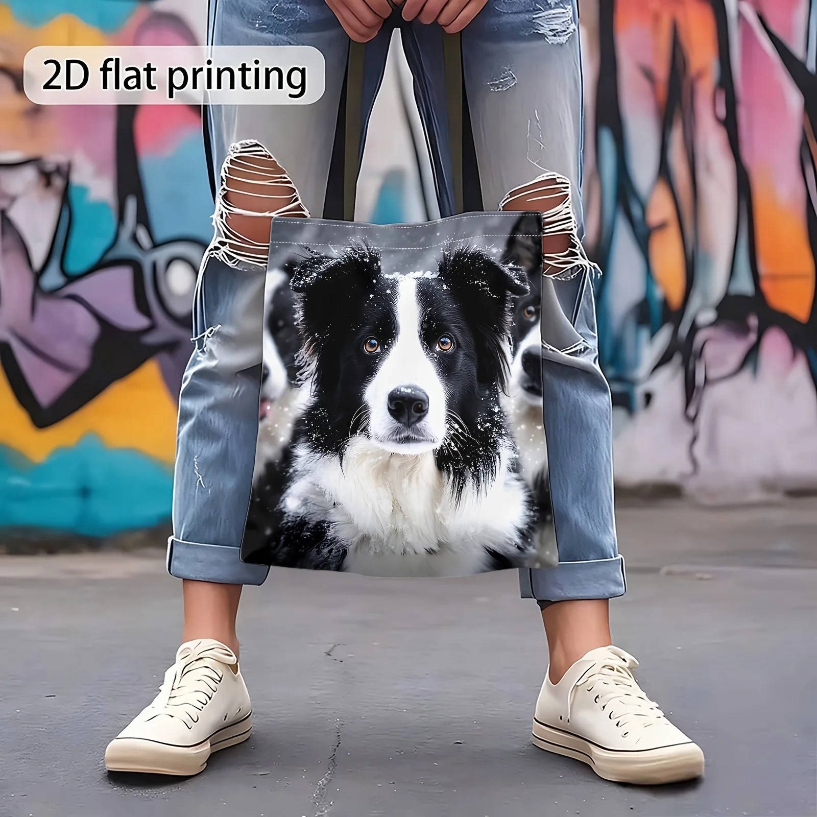 Christmas Gift, 2D Snowy, Border Collie Winter Print Shoulder Bag, Reusable Tote Bag, Women'S Handbag Suitable for Daily Outings