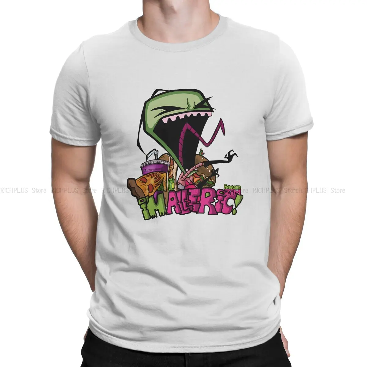 Invader Zim Cartoon Animation Creative TShirt for Men Custom I’M ALLERGIC Round Collar Polyester T Shirt Clothes OutdoorWear