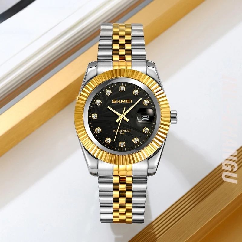Men's Business Antique Wristwatch Diamond Green Textured Glass Two-tone Metal Strap Date Display Waterproof High-quality Simple