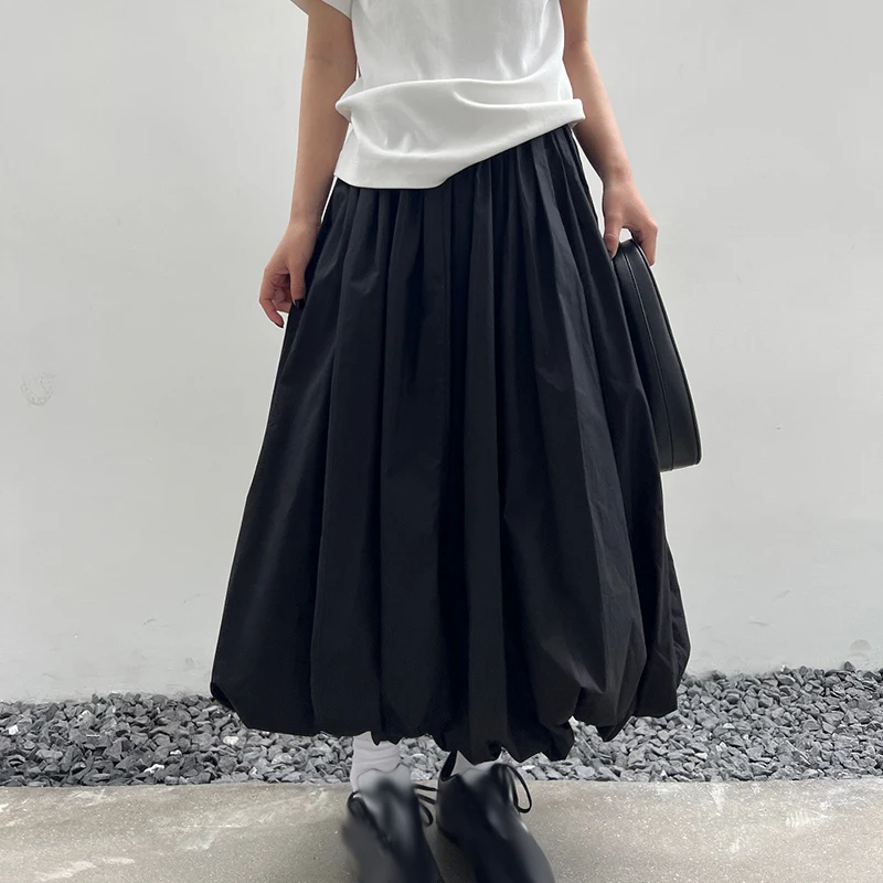 Pleated Skirt Women Elegant Solid Elastic Waist A-line Vintage Korean Fashion Loose Maxi Skirt Casual Streetwear 2024 New