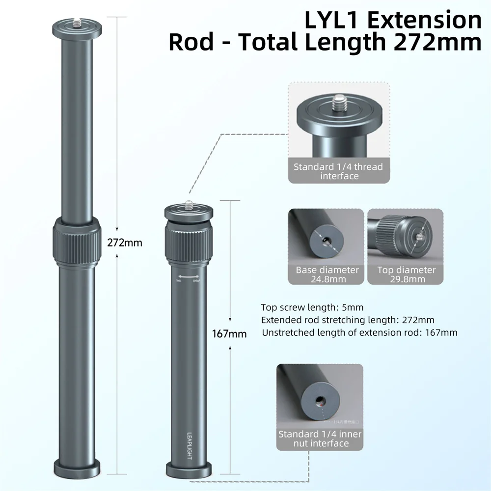Statyw Leaplight w całości wykonany ze stopu aluminium, wysuwany pręt przedłużający oś centralną, rozciągliwy selfie stick na biurko. — zdjęcie produktu 2