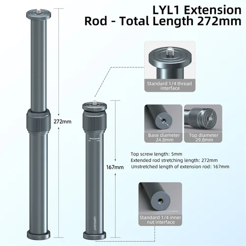 Imagen 2 del producto Trípode Leaplight totalmente metálico de aleación de aluminio, varilla de extensión de eje central, palo de selfie extensible para escritorio.