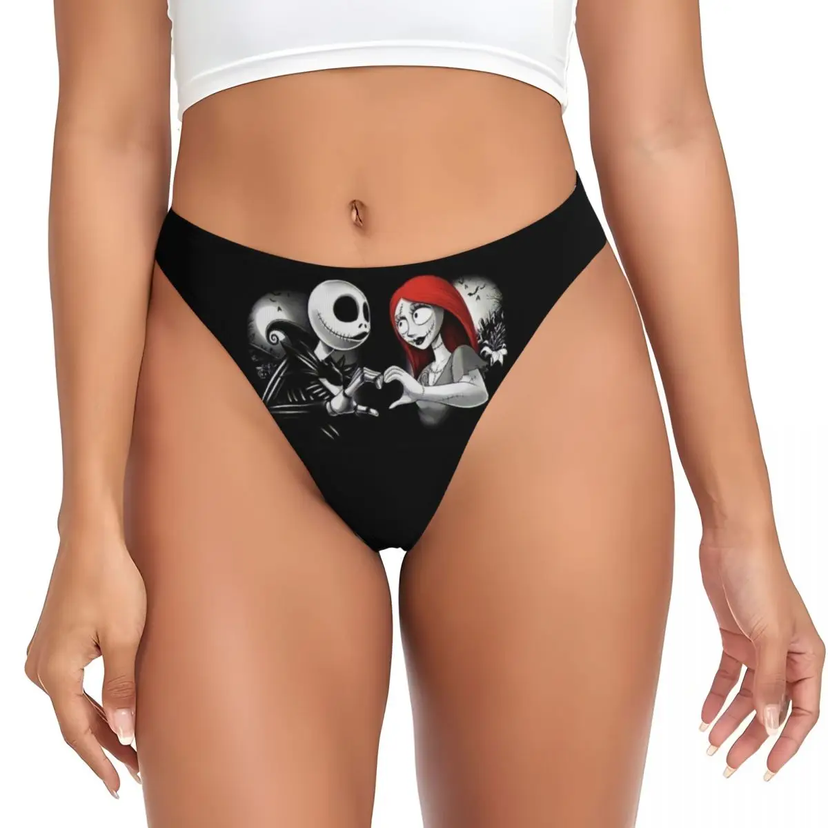 

Custom Womens Jack And Sally Halloween G-string Panties Female Soft The Nightmare Before Christmas Thongs Underwear