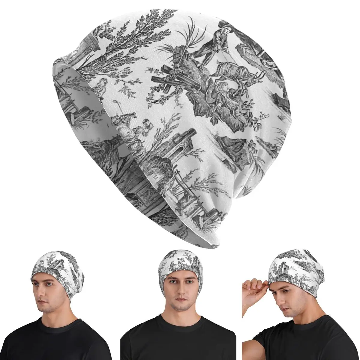 

Vintage French Toile De Jouy Motif Skullies Beanies Hats Warm Autumn Winter Outdoor Cap Knitted Bonnet Caps for Men Women Adult
