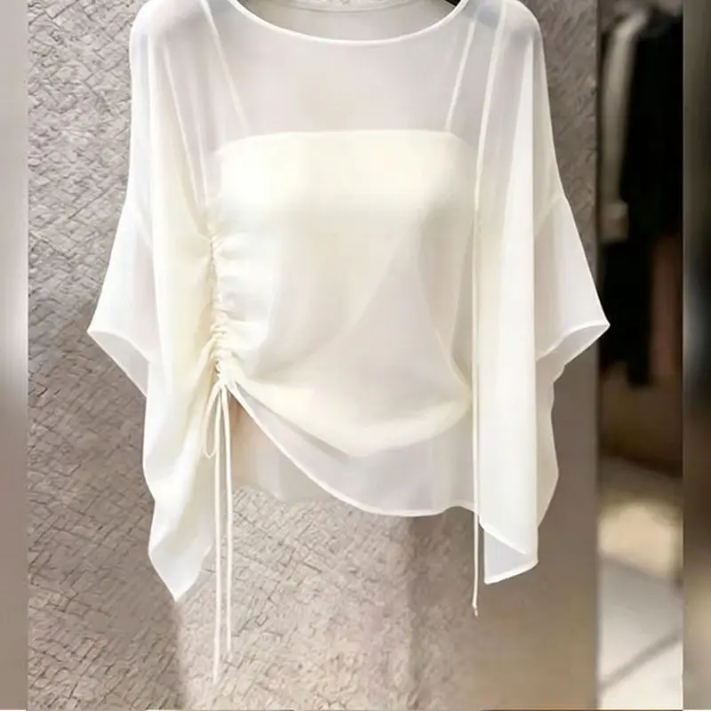 2026 Summer New Simplicity Elegant Lacing Solid Color O-neck Batwing Sleeve Blouse Ladies Fashion Perspective Irregular T-Shirts
