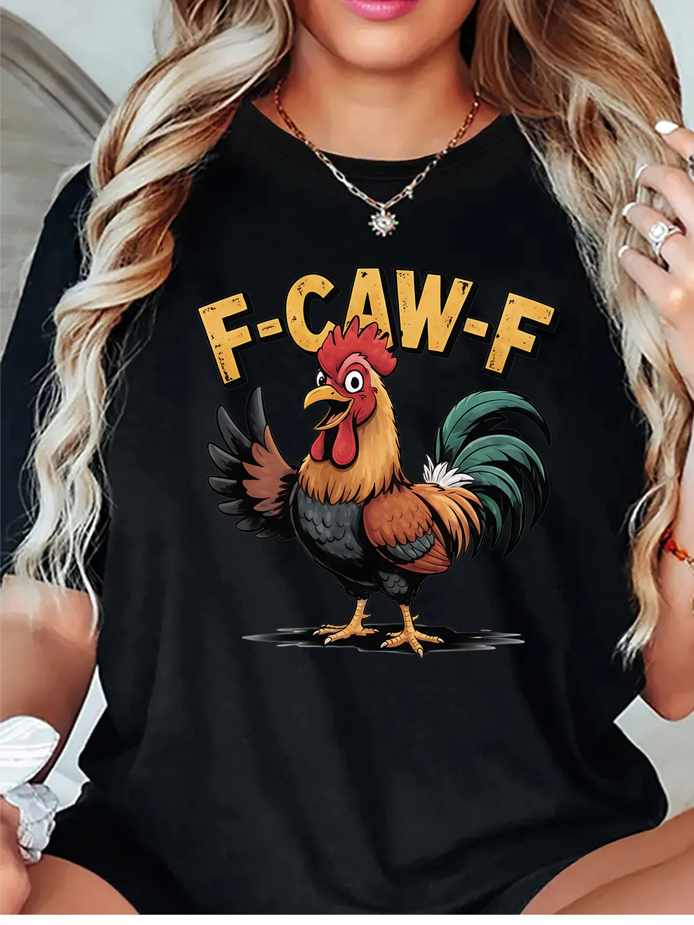 Funny F Caw F Full Body Standing Rooster Cartoon Art Print Graphic Womens T Shirt Short Sleeve Crew Neck Casual Ladies Tee Tops