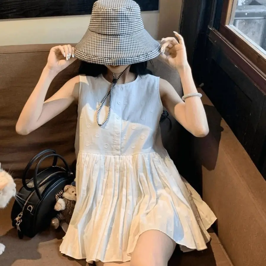 French Style Sleeveless Pleated White A-line Women's Vest Suspender 2026 New Summer High-end Vest Short Skirt